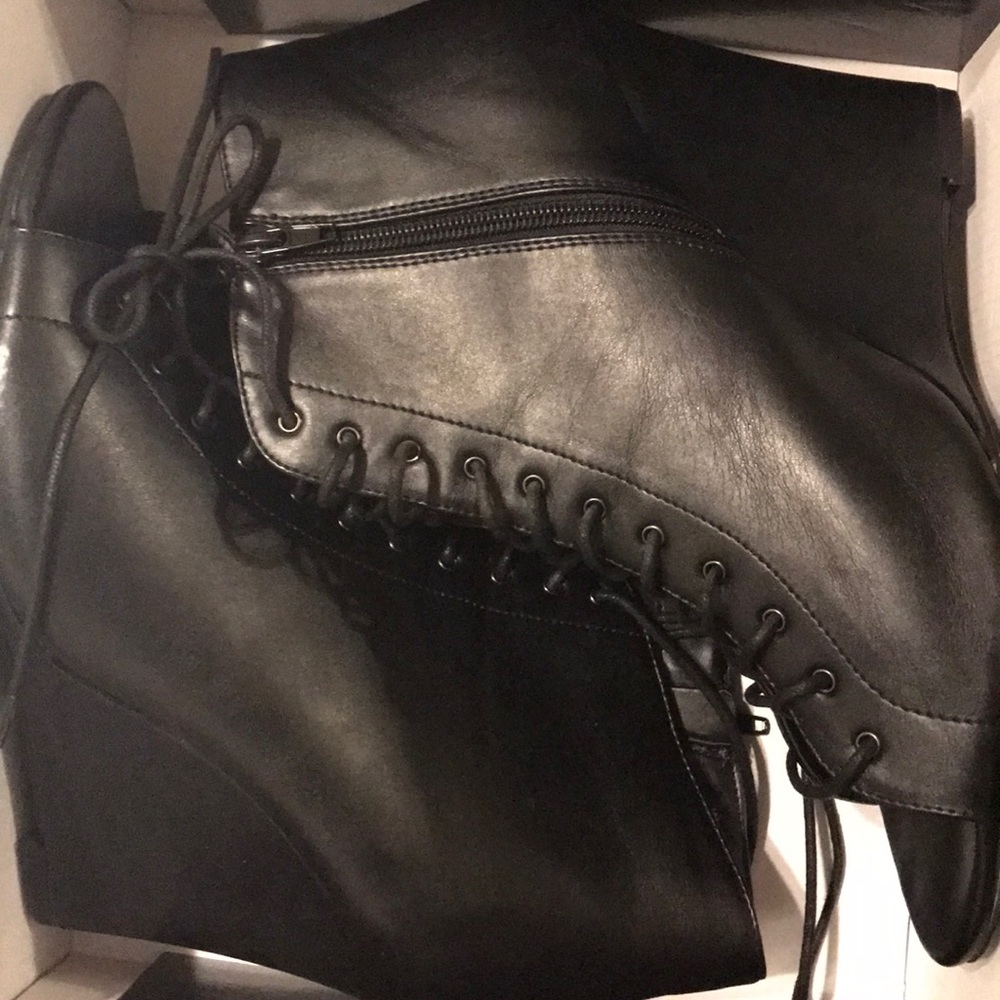 Black lace up wedged booties from Torrid Size 13